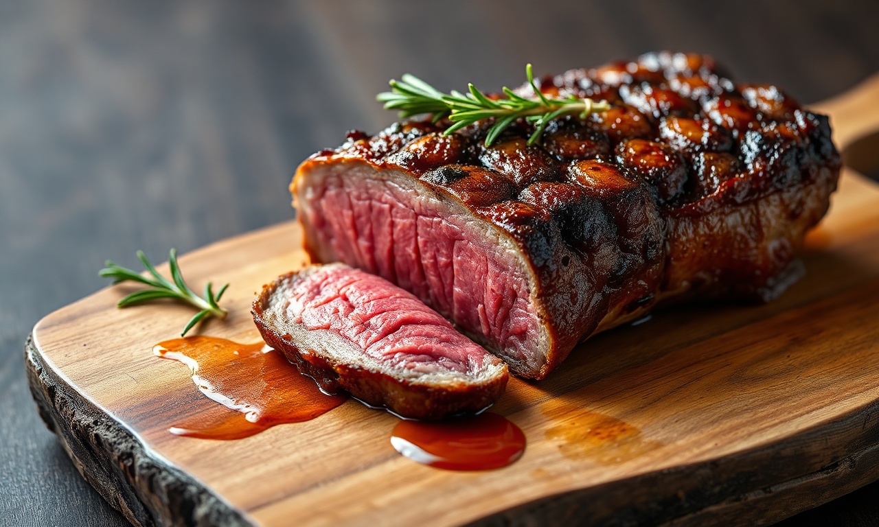Picanha Assada No Forno Com Crosta Perfeita Em 50 Min 3 Picanha assada no forno com casca dourada e crocante, fatiada sobre uma tábua de madeira, revelando o interior rosado e suculento.