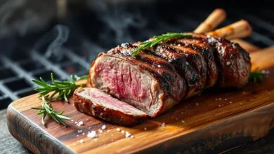Fatias suculentas de picanha de cordeiro grelhada, com interior rosado e borda crocante dourada, dispostas sobre uma tábua rústica de madeira.