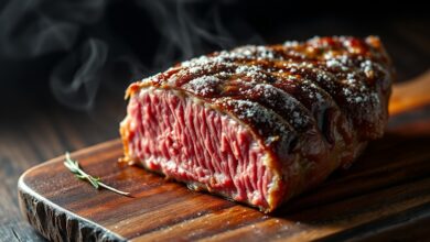 A picanha perfeitamente assada, com a casca de sal quebrada ao meio, expondo a carne rosada e suculenta.