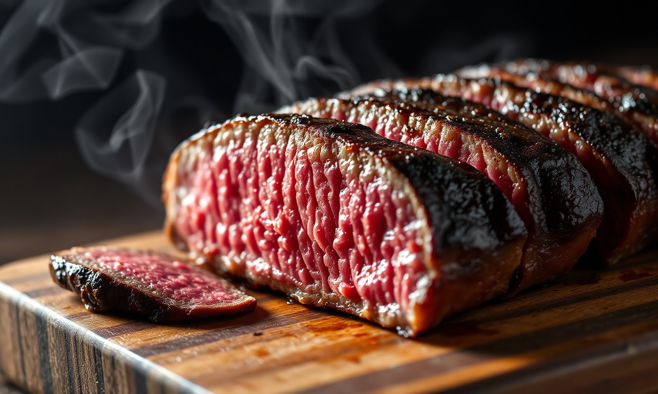 Detalhe da picanha fatiada mostrando o ponto perfeito e a suculência.