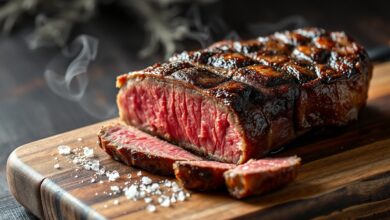 Fatias de picanha perfeitamente seladas, com crosta caramelizada e interior suculento, servidas em tábua rústica.