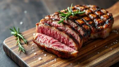Picanha fatiada em bifes grossos com crosta dourada e gordura crepitante, servida em tábua de madeira rústica.