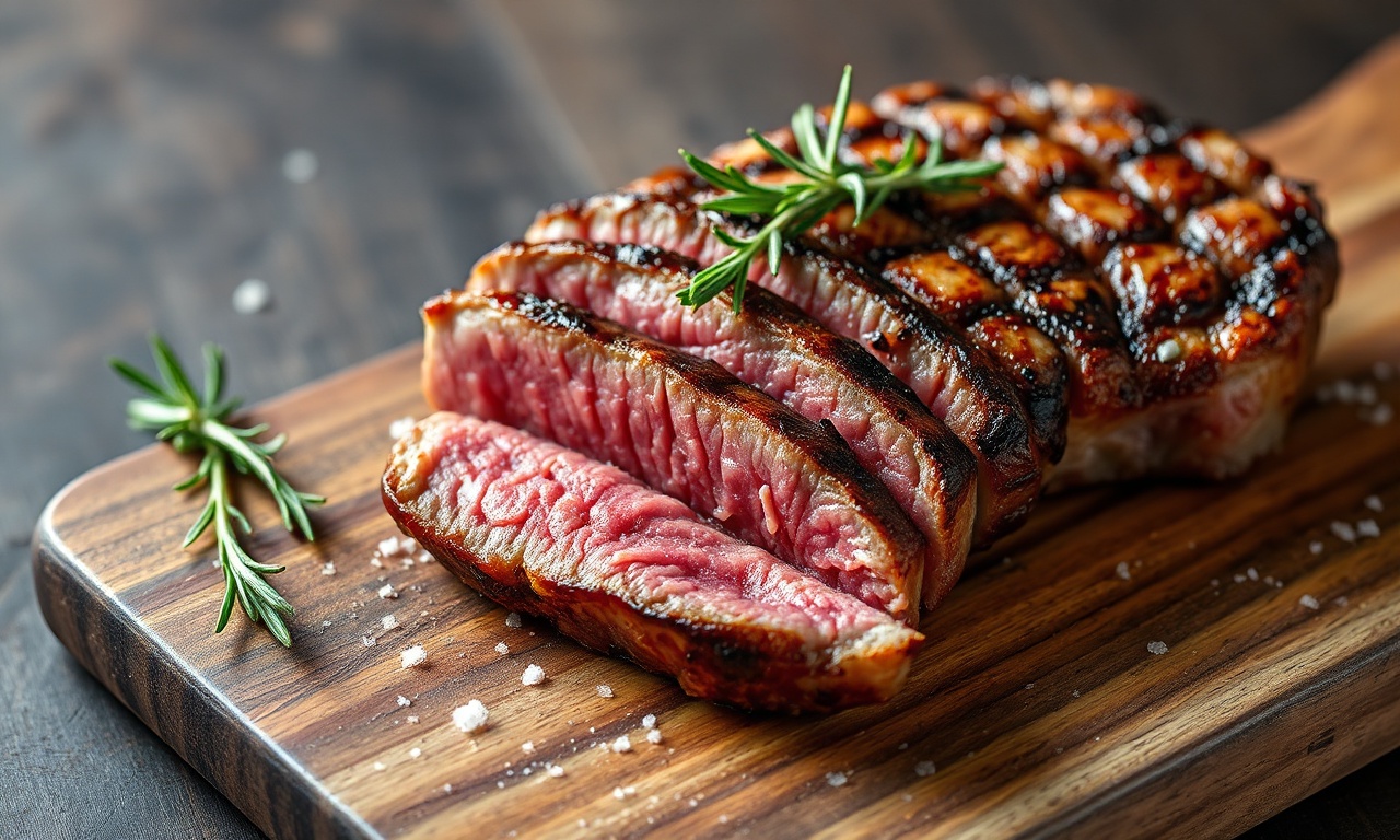 Picanha fatiada em bifes grossos com crosta dourada e gordura crepitante, servida em tábua de madeira rústica.