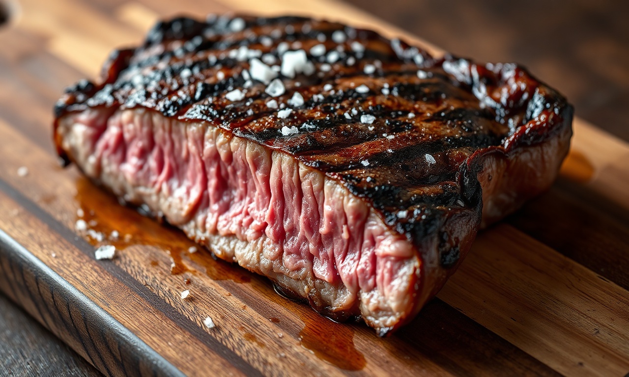 Como Temperar Carne Para Churrasco: Dicas Para Ficar Macia 3 Uma picanha grelhada com crosta dourada e saborosa, fatiada sobre uma tábua de madeira rústica, mostrando o interior rosado e macio.