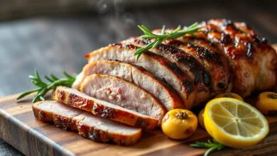 Fatias de picanha suína dourada, macia e suculenta, servida sobre tábua rústica com gotas de limão e alho assado ao redor.