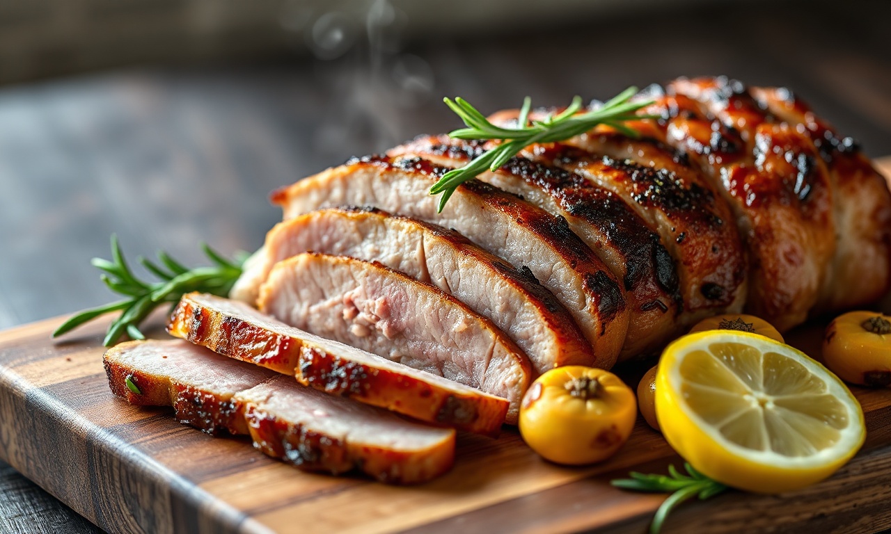 Tempero Para Picanha Suína: 6 Receitas Que Funcionam 3 Fatias de picanha suína dourada, macia e suculenta, servida sobre tábua rústica com gotas de limão e alho assado ao redor.
