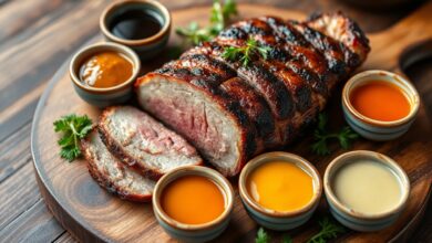 Fatias suculentas de picanha suína grelhada acompanhadas de seis tigelinhas com molhos de cores variadas, prontos para servir.