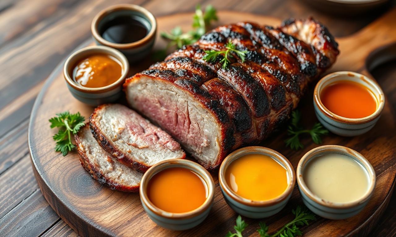 Molho Para Picanha Suína: 6 Receitas Fáceis E Saborosas 3 Fatias suculentas de picanha suína grelhada acompanhadas de seis tigelinhas com molhos de cores variadas, prontos para servir.