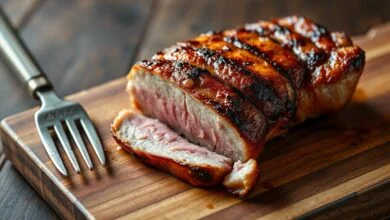 Fatias generosas de picanha suína assada na grelha, com a gordura dourada e caramelizada, o interior rosado e suculento, dispostas sobre uma tábua de madeira rústica.