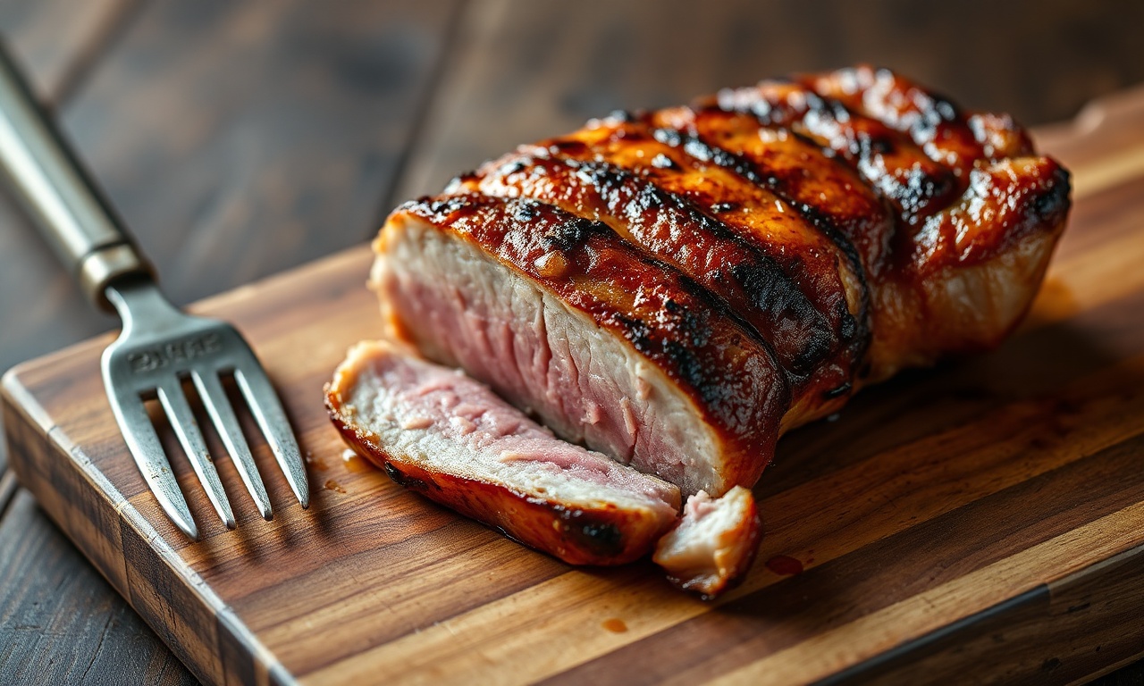 Carne Suína Na Churrasqueira: Suculenta Em 40 Minutos 3 Fatias generosas de picanha suína assada na grelha, com a gordura dourada e caramelizada, o interior rosado e suculento, dispostas sobre uma tábua de madeira rústica.