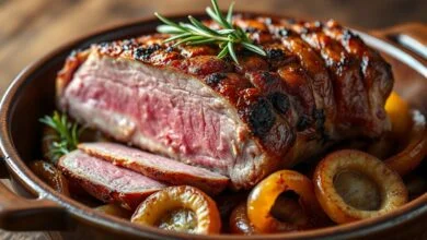 A picanha suína assada, com sua característica gordura dourada e crocante, fatiada sobre uma cama de batatas e cebolas caramelizadas, pronta para servir.