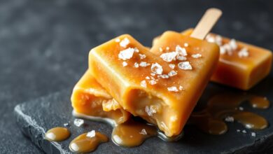 Dois picolés cremosos de caramelo dourado com cristais de flor de sal visíveis, servidos em um fundo de pedra rústico.