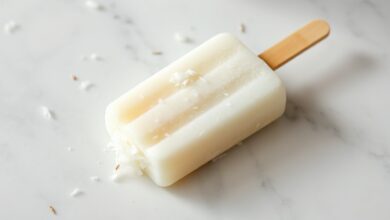 Um picolé branco e macio com flocos de coco, palito de madeira, pronto para ser saboreado.