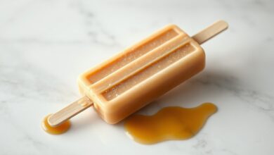 Picolé desenformado com textura lisa e cremosa, cor caramelo dourado, servido sobre superfície clara com respingos de doce de leite.
