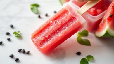Picolé de melancia vermelho vibrante, com textura cremosa e uniforme, saindo da forma branca, sobre superfície de mármore com gotas de água e sementes de melancia ao redor.