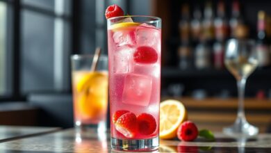 Pink gin vibrante e refrescante em copo alto, com frutas vermelhas e gelo.