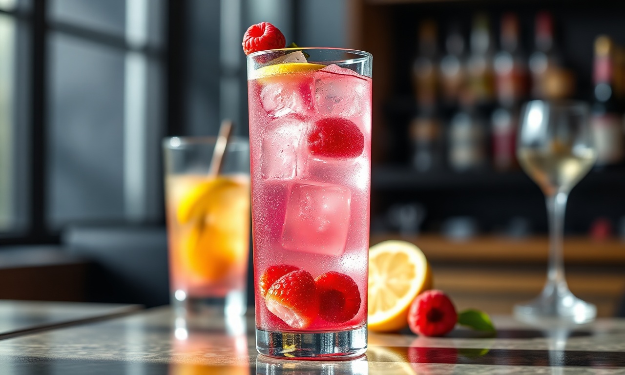 Pink gin vibrante e refrescante em copo alto, com frutas vermelhas e gelo.