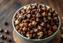 Pipoca doce com cobertura brilhante de chocolate servida em uma tigela grande