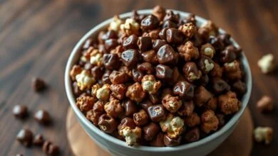 Pipoca doce com cobertura brilhante de chocolate servida em uma tigela grande