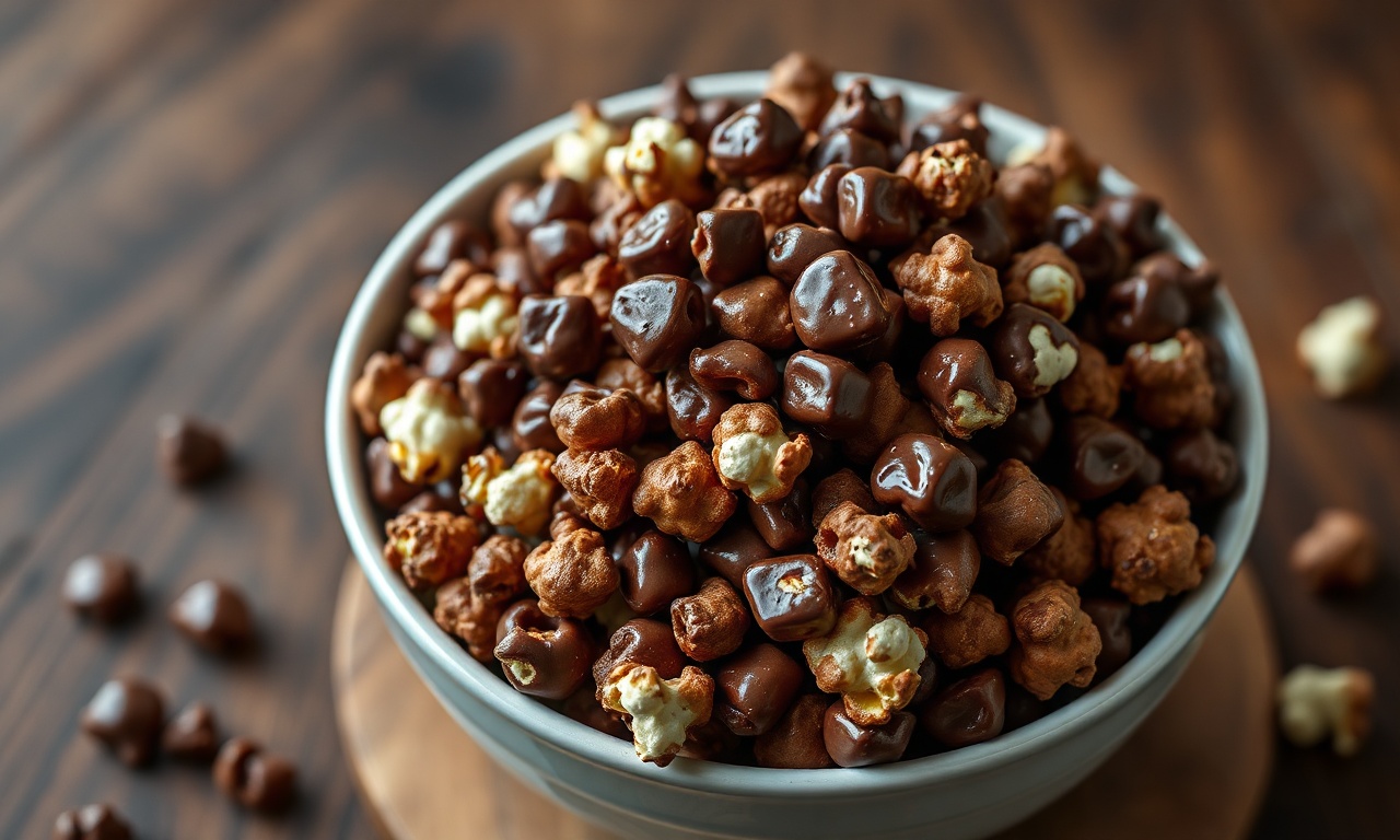 Pipoca doce com cobertura brilhante de chocolate servida em uma tigela grande