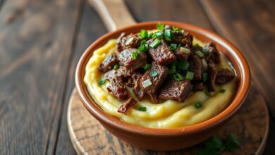 Uma tigela de barro rústica com pirão de mandioca amarelo-claro e cremoso, coberto por fios de costela bovina desfiada e finalizado com cheiro-verde fresco.