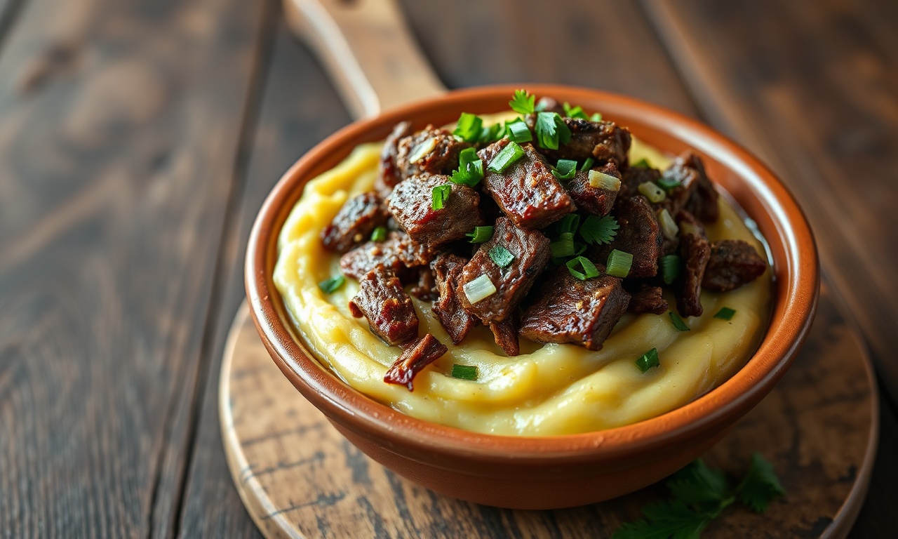 Uma tigela de barro rústica com pirão de mandioca amarelo-claro e cremoso, coberto por fios de costela bovina desfiada e finalizado com cheiro-verde fresco.