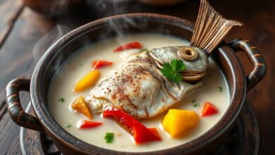 Moqueca de pirarucu fumegante servida em panela de barro com pimentões e coentro.