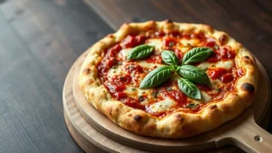 Uma pizza caseira com massa sem leite, dourada e crocante, pronta para servir.