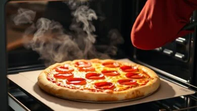 Uma pizza congelada de pepperoni sendo retirada do forno, com o queijo borbulhante e a borda dourada, ainda sobre a base de papelão.