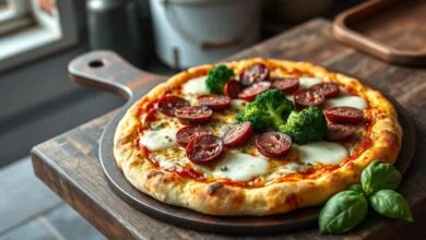 Uma pizza inteira com borda dourada e crocante, coberta com muçarela derretida, rodelas de calabresa e buquês de brócolis verde vibrante.
