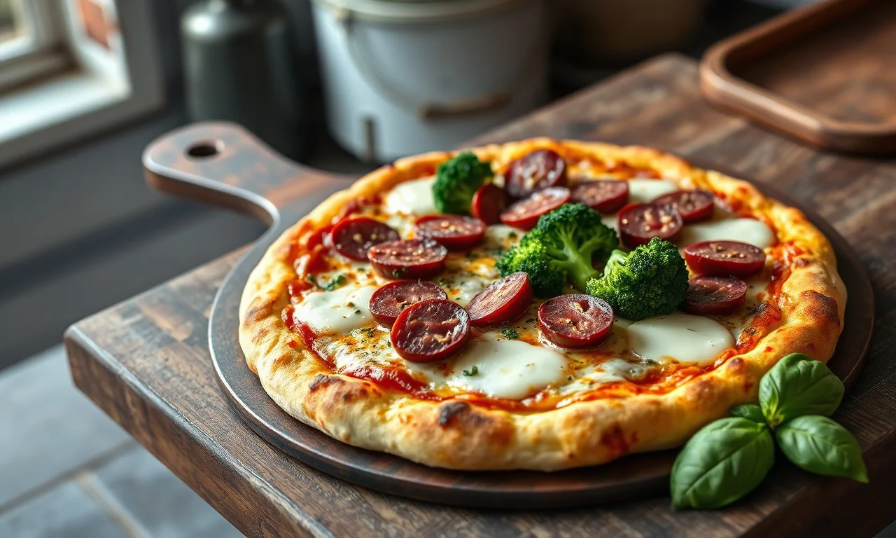 Uma pizza inteira com borda dourada e crocante, coberta com muçarela derretida, rodelas de calabresa e buquês de brócolis verde vibrante.