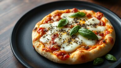 Pizza individual com bordas douradas, queijo muçarela derretido e folhas de manjericão fresco