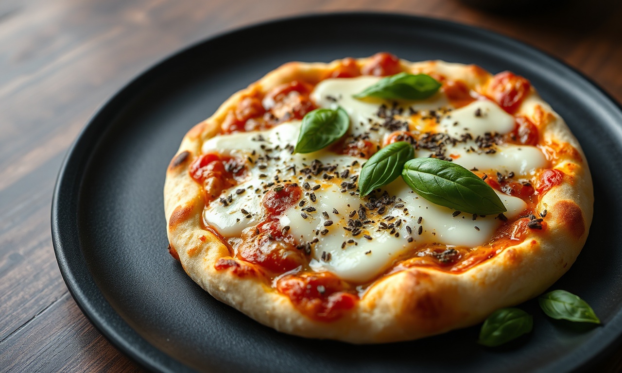Pizza individual com bordas douradas, queijo muçarela derretido e folhas de manjericão fresco