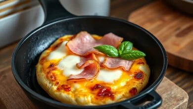 Pizza individual com base dourada, coberta com queijo derretido e presunto, servida diretamente na frigideira.