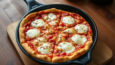 Uma pizza dourada e crocante feita na frigideira, com muçarela derretida e borbulhante, fatiada e pronta para servir.