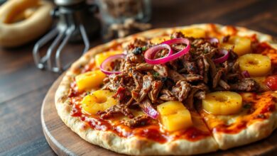 Pizza artesanal finalizada com carne desfiada, fatias de abacaxi e cheddar