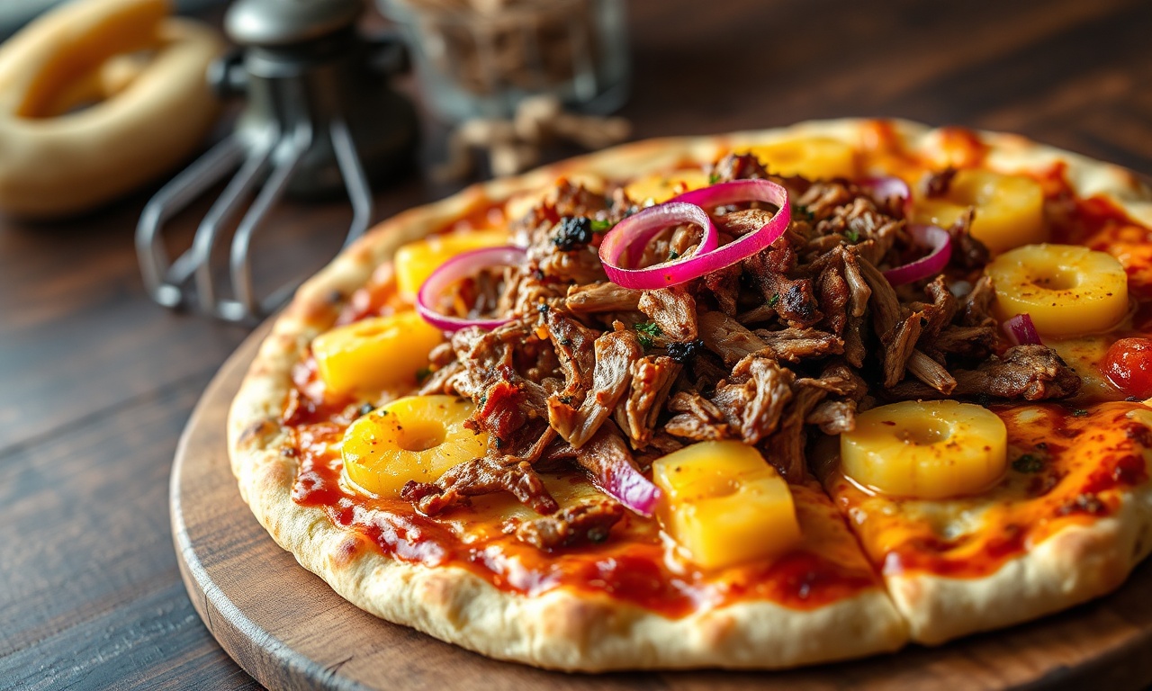Pizza artesanal finalizada com carne desfiada, fatias de abacaxi e cheddar