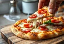 Fatia de pizza sendo servida, mostrando a massa fofinha, o queijo derretido e o recheio suculento.