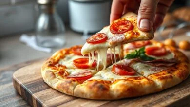 Fatia de pizza sendo servida, mostrando a massa fofinha, o queijo derretido e o recheio suculento.