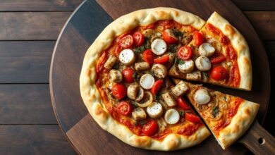Pizza redonda com massa dourada e macia, coberta com recheio de sardinha refogada com tomate e cebola, pedaços de mussarela derretida e orégano espalhado.