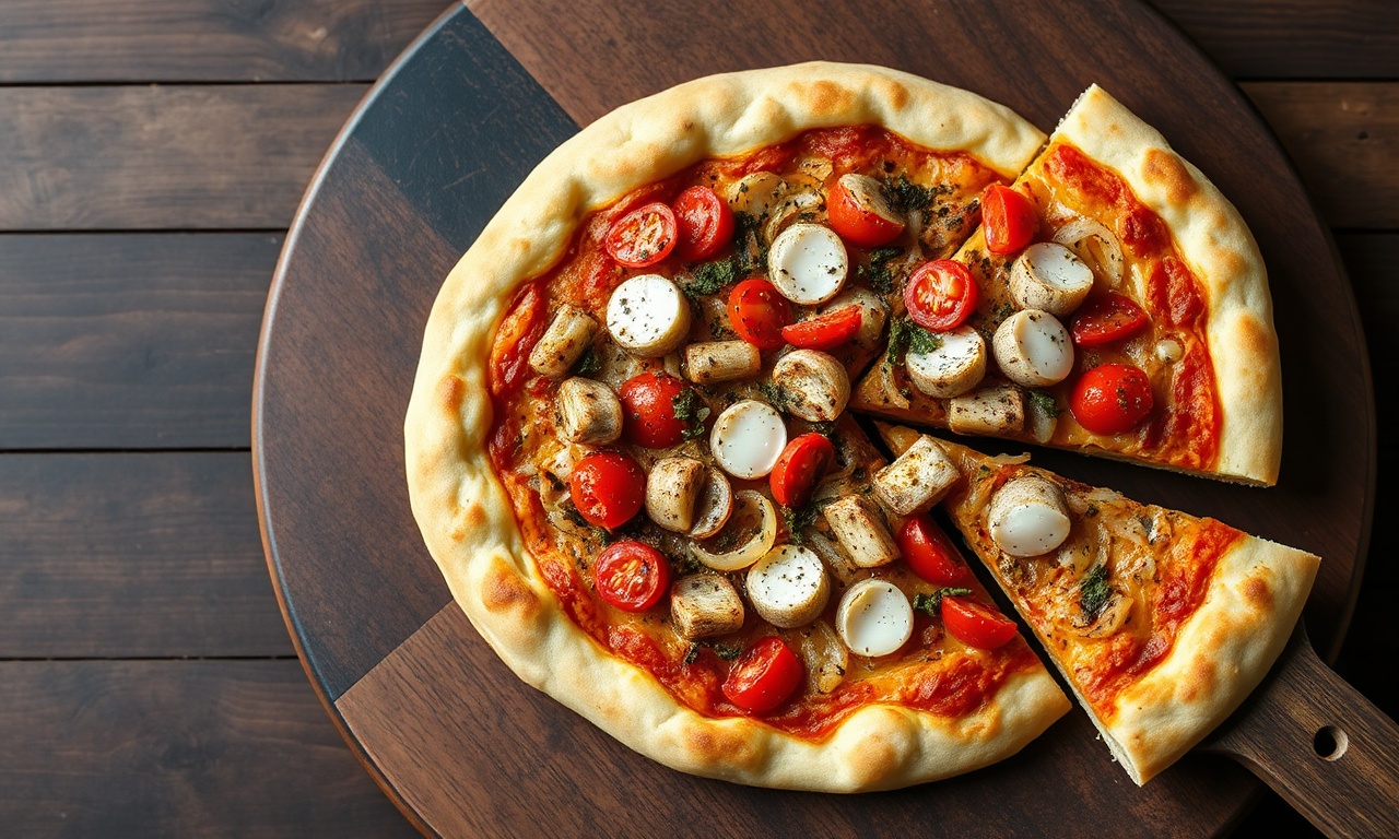 Pizza redonda com massa dourada e macia, coberta com recheio de sardinha refogada com tomate e cebola, pedaços de mussarela derretida e orégano espalhado.