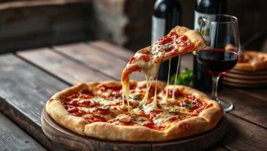 Uma fatia de pizza sendo servida ao lado de uma taça de vinho tinto, com a garrafa ao fundo, criando uma cena de jantar convidativa.