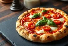Pizza artesanal com molho vermelho vibrante, muçarela derretida e manjericão fresco
