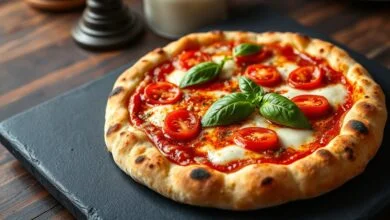 Pizza artesanal com molho vermelho vibrante, muçarela derretida e manjericão fresco