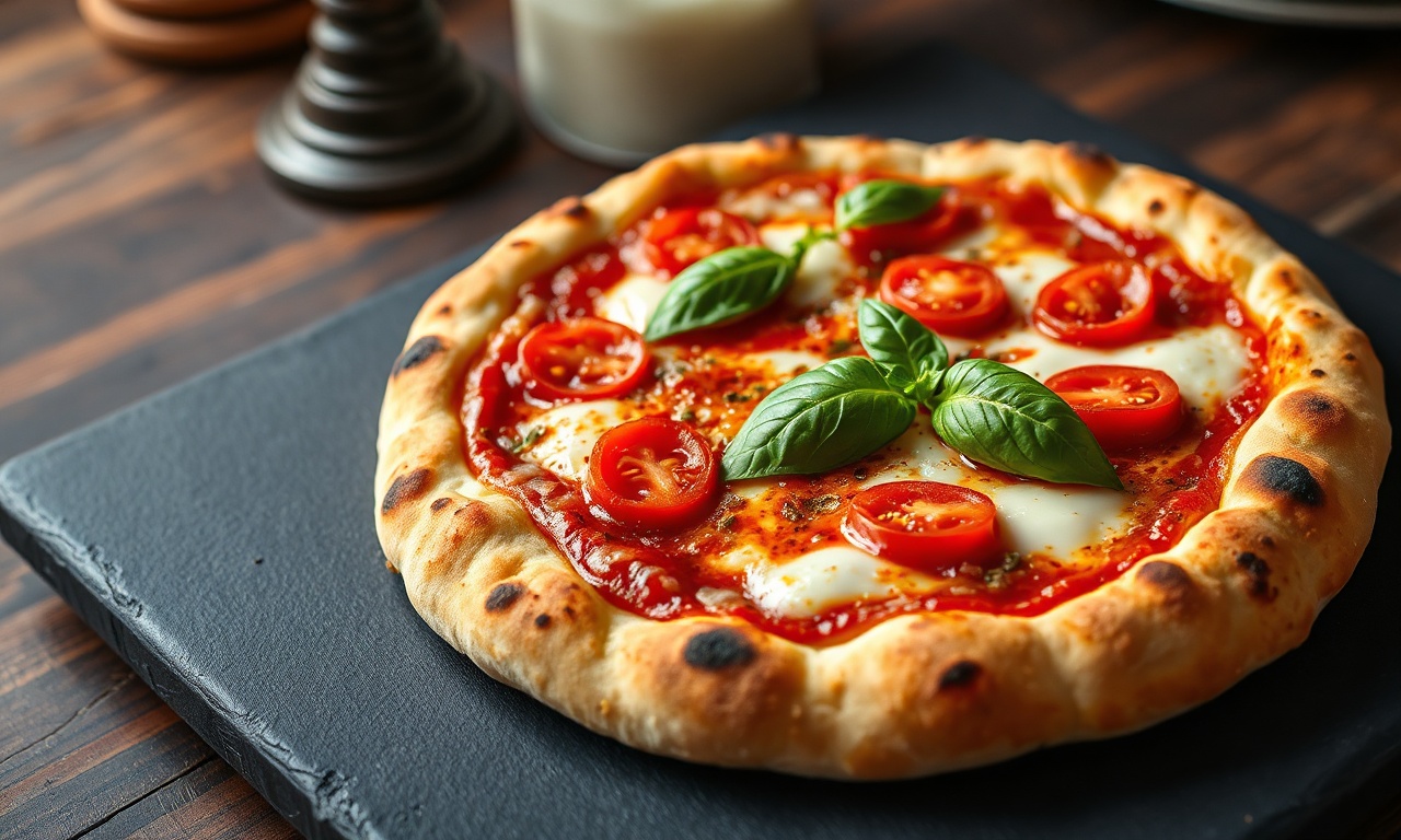 Pizza artesanal com molho vermelho vibrante, muçarela derretida e manjericão fresco