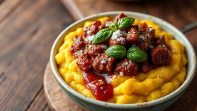 Prato de polenta amarela e aveludada, coroada por um ragu de carne rico e escuro, finalizado com folhas de manjericão.