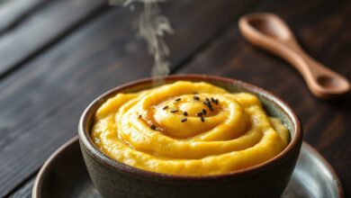 Bowl de polenta cremosa amarela dourada, com textura aveludada e um fio de azeite brilhante, servida em prato fundo de cerâmica rústica.