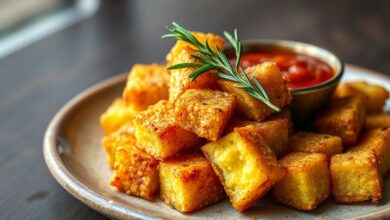 Cubos de polenta frita com casca dourada e crocante, prontos para servir como aperitivo ou acompanhamento.