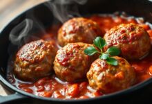 Polpetas douradas e suculentas, banhadas em molho de tomate caseiro e finalizadas com folhas de salsinha fresca.