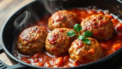 Polpetas douradas e suculentas, banhadas em molho de tomate caseiro e finalizadas com folhas de salsinha fresca.